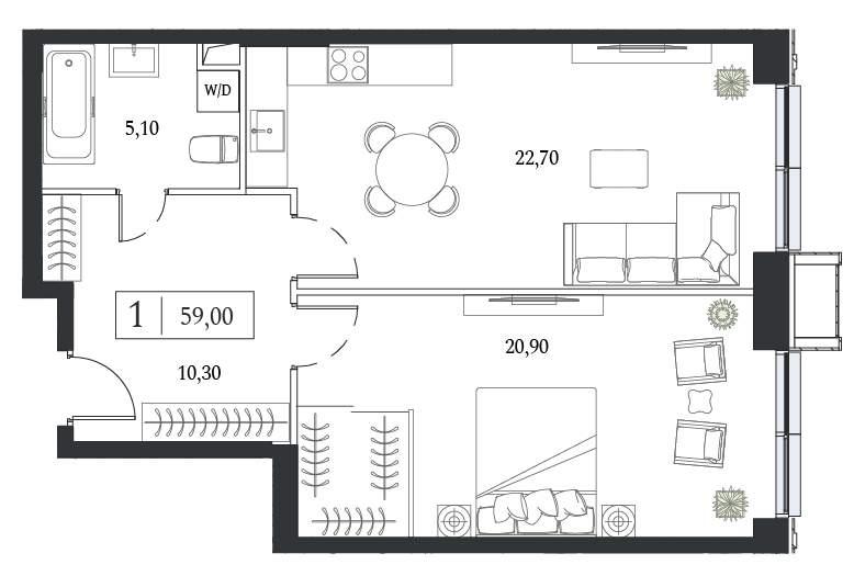 2-комн. квартира, 59 м², 11/24 этаж