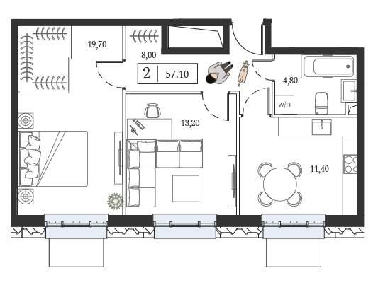 2-комн. квартира, 57 м², 6/6 этаж