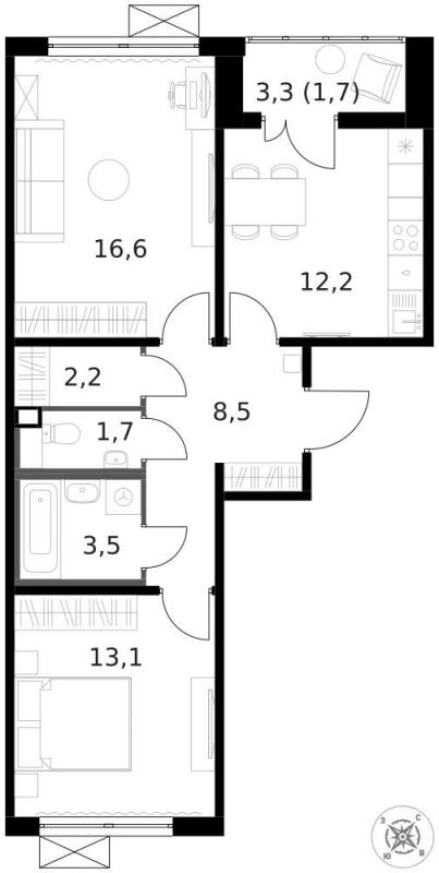 2-комн. квартира, 59 м², 13/13 этаж