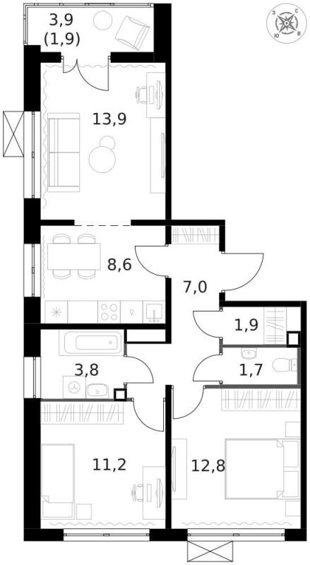 3-комн. квартира, 63 м², 7/14 этаж