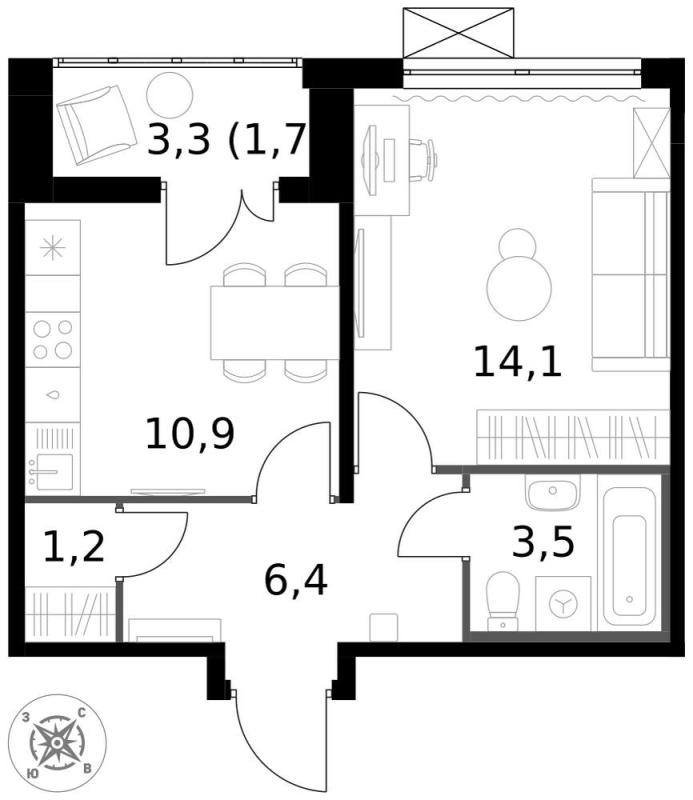 1-комн. квартира, 37 м², 2/13 этаж