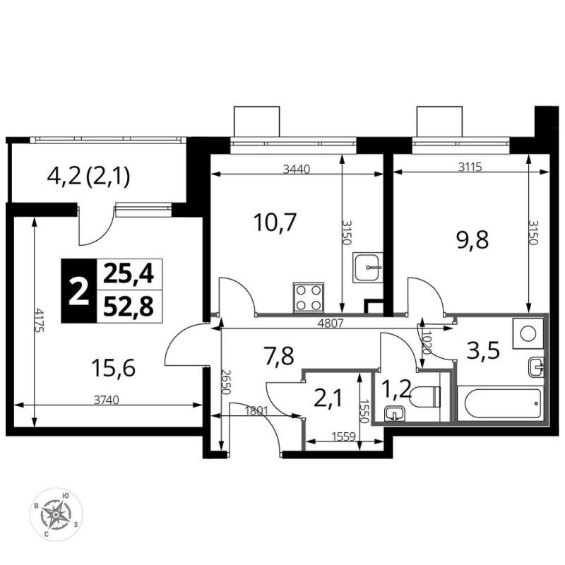 2-комн. квартира, 52 м², 14/24 этаж