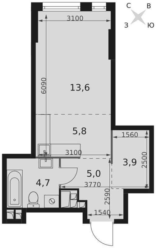 Квартира-Студия, 33 м², 19/29 этаж