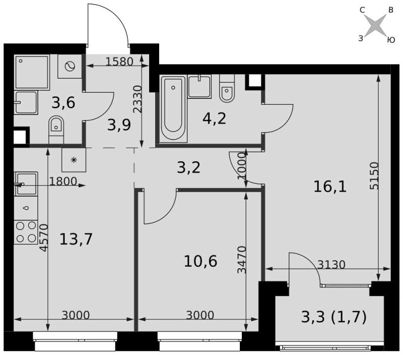 2-комн. квартира, 57 м², 8/27 этаж