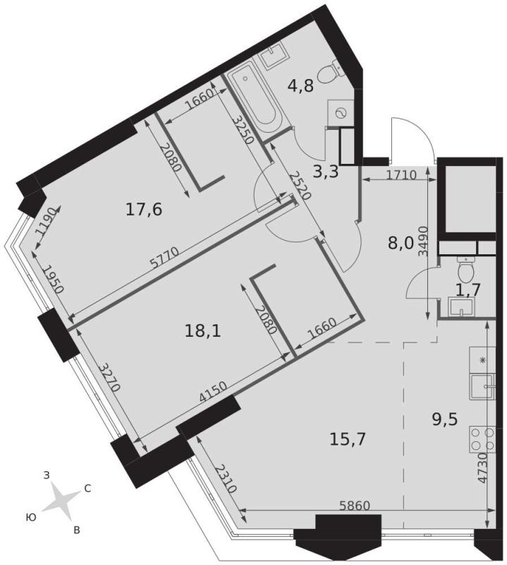 3-комн. квартира, 78 м², 45/47 этаж