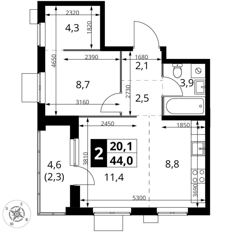 2-комн. квартира, 44 м², 4/23 этаж