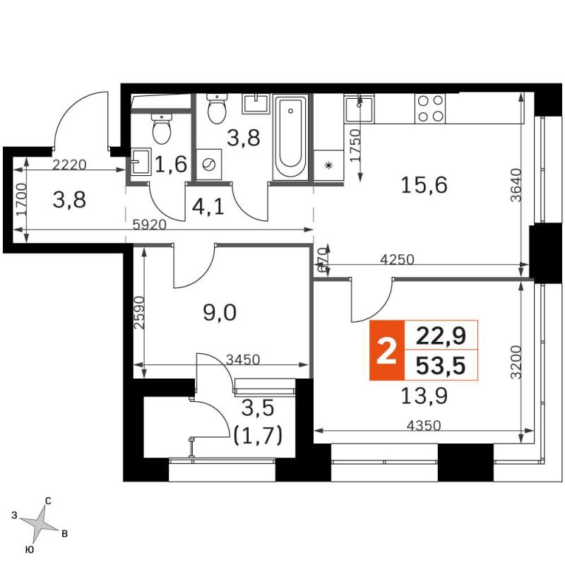 2-комн. квартира, 53 м², 10/42 этаж