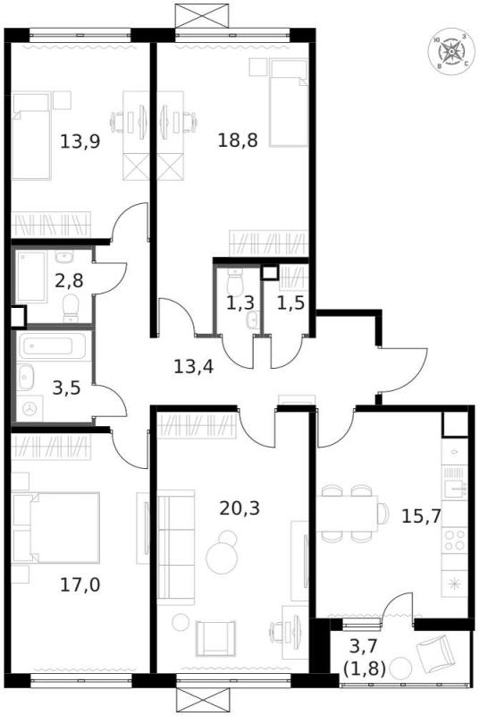 4-комн. квартира, 110 м², 8/14 этаж