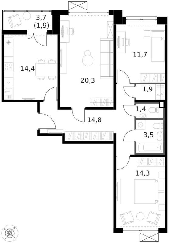 3-комн. квартира, 84 м², 12/14 этаж