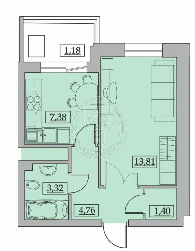 1-комнатная квартира, 31.85 м2