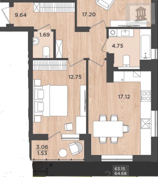 2-комнатная квартира, 64.68 м2