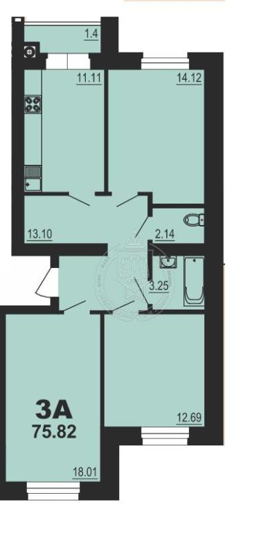 3-комнатная квартира, 75.82 м2