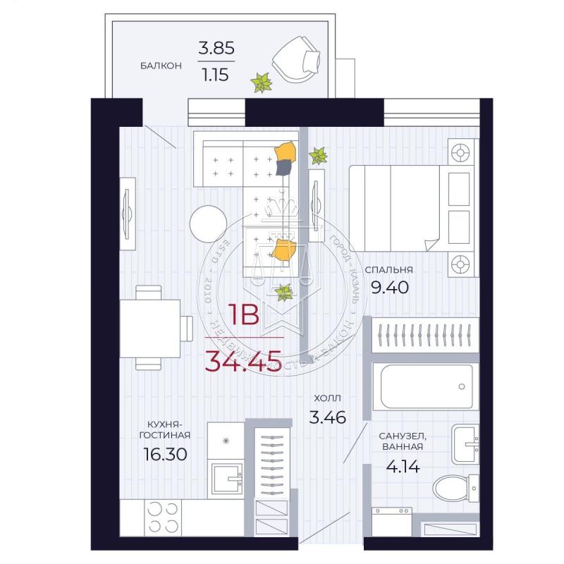 1-комнатная квартира, 34.45 м2