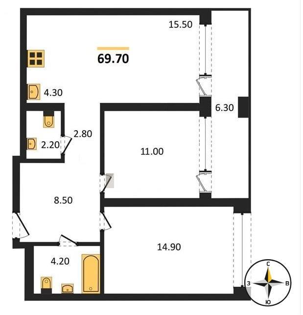 2-комнатная квартира, 69.7 м2