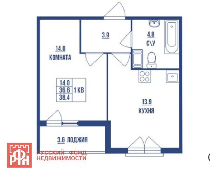 1-комнатная квартира, 38.4 м2