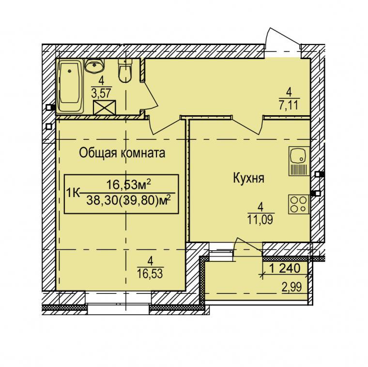3-комнатная квартира, 58.2 м2