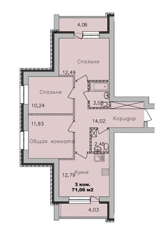 3-комнатная квартира, 71.06 м2
