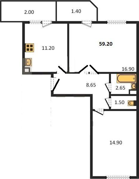 2-комнатная квартира, 59 м2