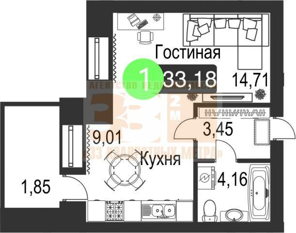1-комнатная квартира, 33.18 м2