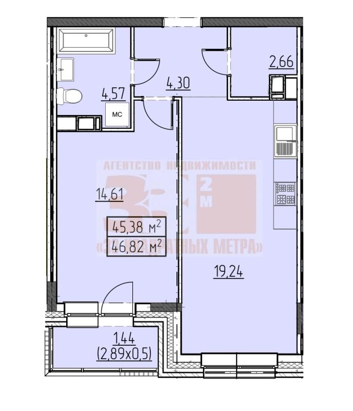 1-комнатная квартира, 46.82 м2