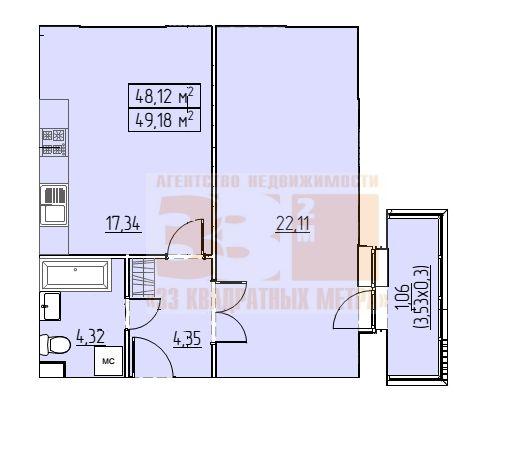 1-комнатная квартира, 49.18 м2