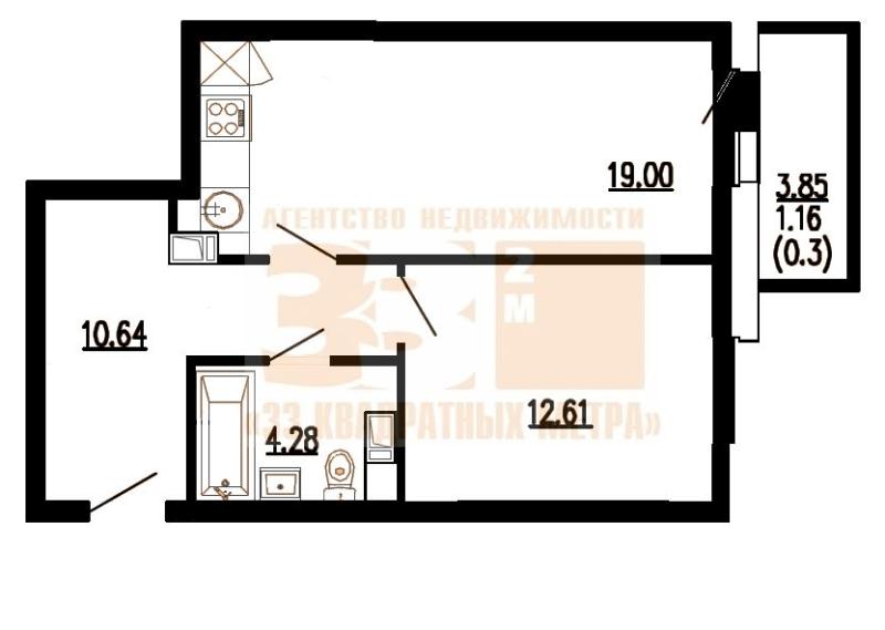 1-комнатная квартира, 47.69 м2