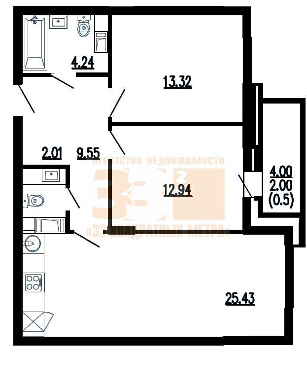 2-комнатная квартира, 69.49 м2