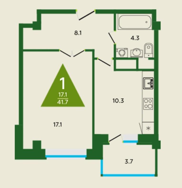 1-комнатная квартира, 41.7 м2
