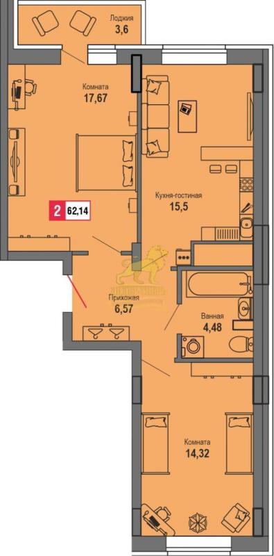2-комнатная квартира, 62.14 м2