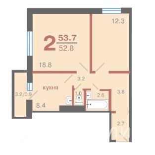 2-комнатная квартира, 53.7 м2