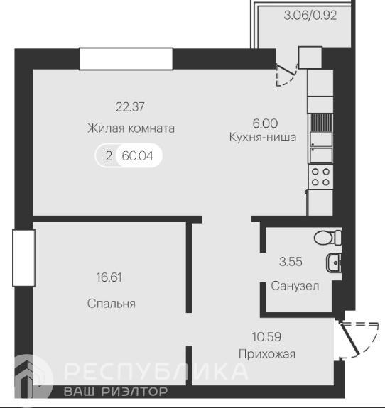 2-комнатная квартира, 60.04 м2
