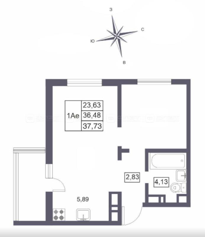 1-комнатная квартира, 37.7 м2