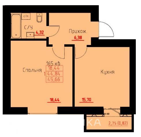 1-комнатная квартира, 45.66 м2