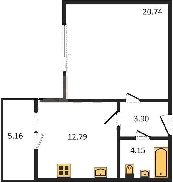 1-комнатная квартира, 44 м2