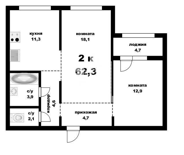 2-комнатная квартира, 62.3 м2