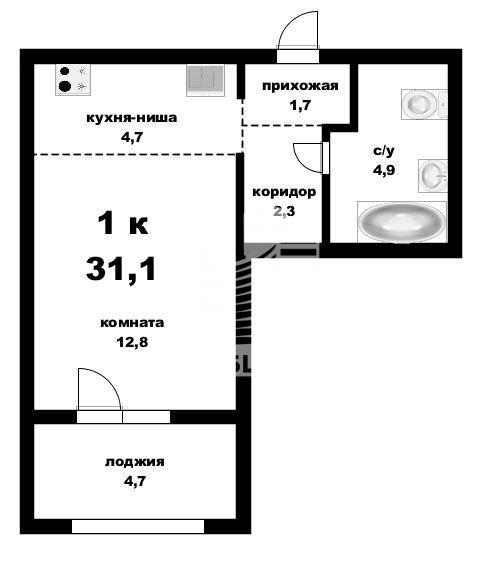 1-комнатная квартира, 31.1 м2