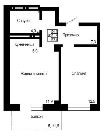 2-комнатная квартира, 43.2 м2