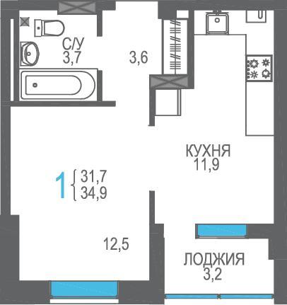 1-комнатная квартира, 34.9 м2