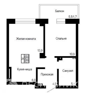 2-комнатная квартира, 42.4 м2