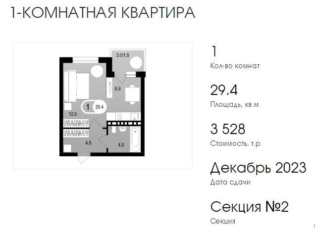 1-комнатная квартира, 29.4 м2