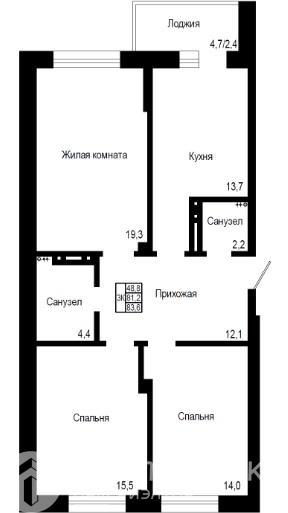 3-комнатная квартира, 83.6 м2