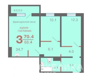 3-комнатная квартира, 70.4 м2