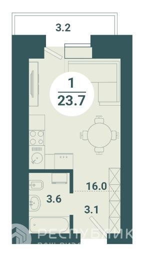 1-комнатная квартира, 23.7 м2