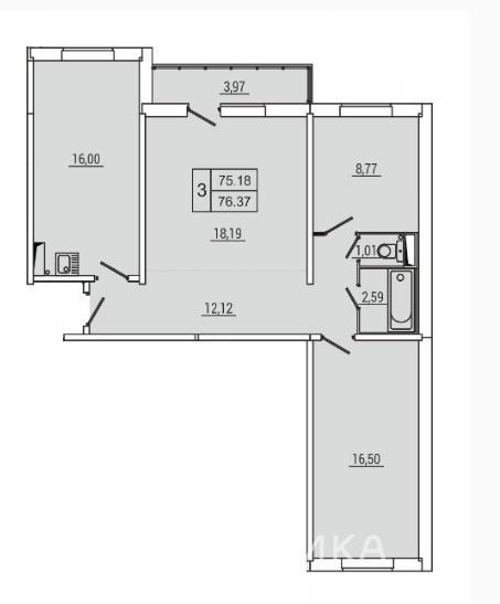 3-комнатная квартира, 76.37 м2