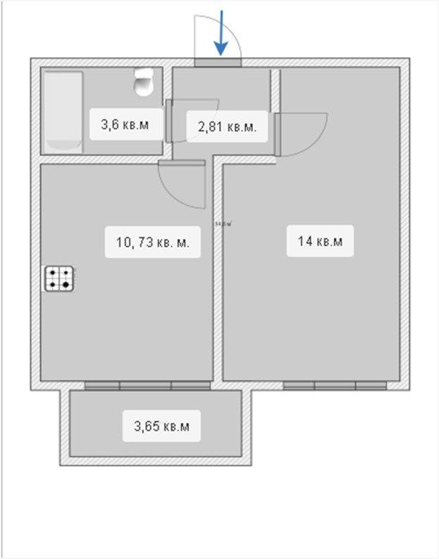 1-комнатная квартира, 32.31 м2