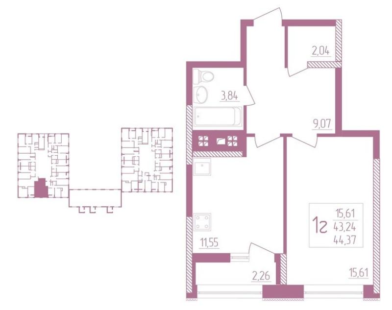 1-комнатная квартира, 44 м2