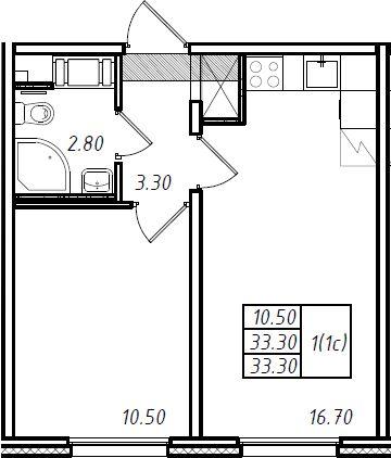 1-комнатная квартира, 33.3 м2