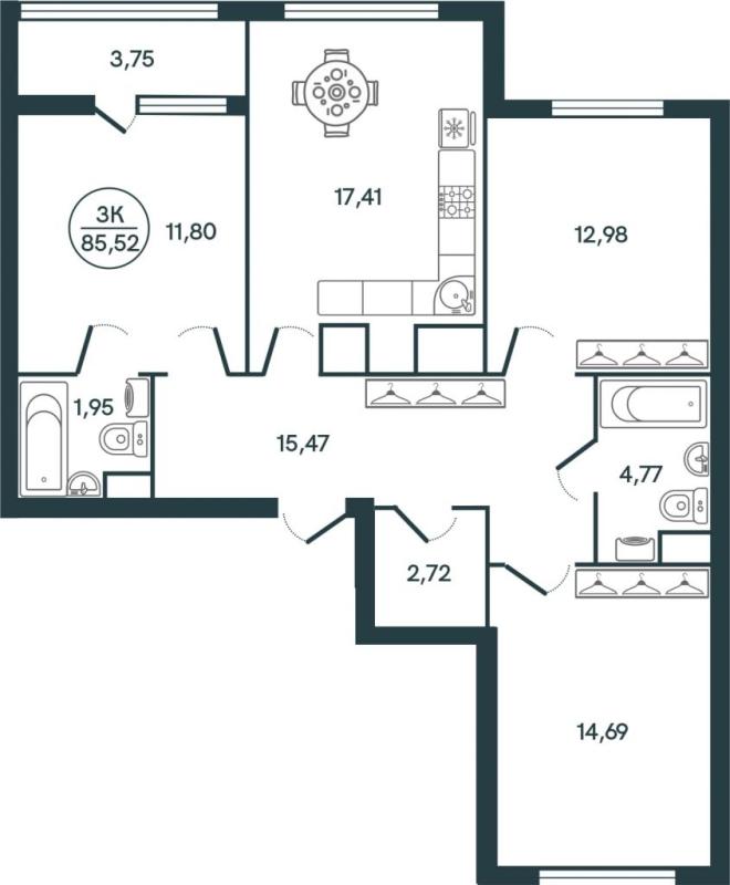 3-комнатная квартира, 85.52 м2