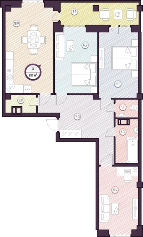 3-комнатная квартира, 81.5 м2