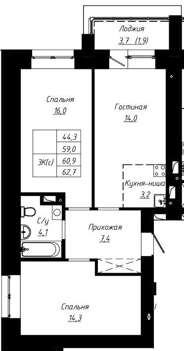 2-комнатная квартира, 60.9 м2